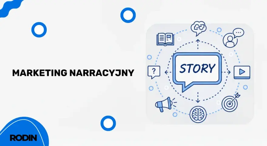 Marketing narracyjny to sztuka opowiadania historii. Grafika przedstawia schemat, gdzie "STORY" jest w centrum, otoczone ikonami książki, rozmowy, mózgu, celu i wideo.