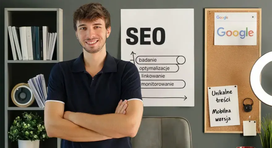 Uśmiechnięty mężczyzna stoi przed tablicą z hasłami SEO i Google. Jego **witryna internetowa** z pewnością będzie dobrze wypozycjonowana.