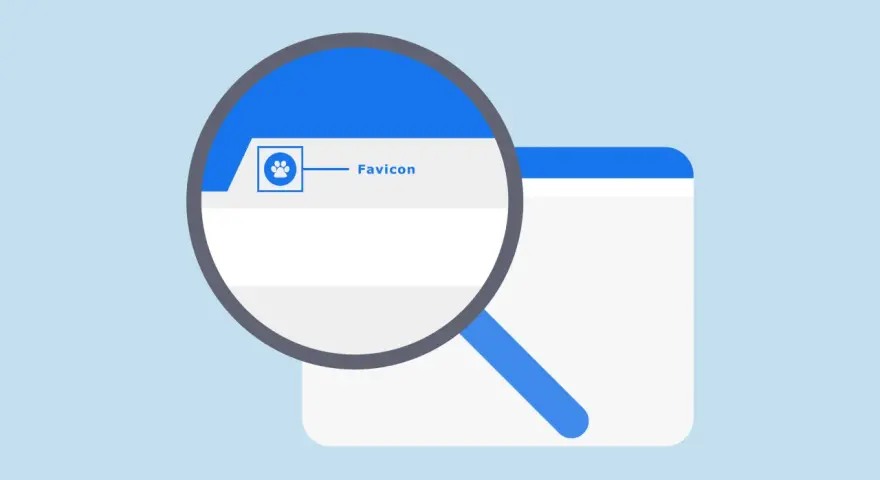 Lupa powiększa ikonkę łapki i napis "Favicon" na karcie przeglądarki.