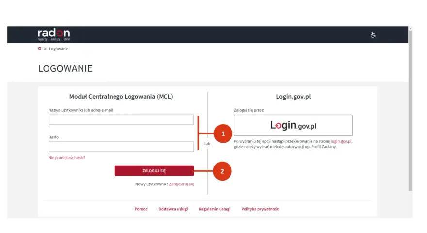 Formularz logowania do systemu. Uwierzytelnienie użytkownika następuje poprzez wpisanie nazwy i hasła lub przez portal login.gov.pl.