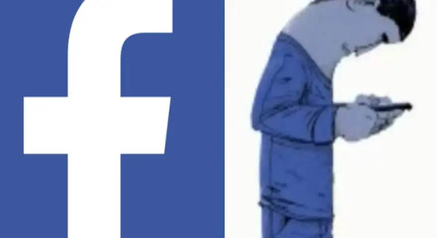 Logo FB obok postaci zgarbionej nad telefonem. Czy to już uzależnienie od Facebooka?