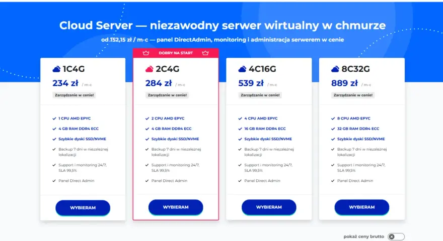 Oferta cloud serverów: co to jest i jakie są dostępne pakiety. Ceny od 234 zł/mc, z SSD/NVME i panelem Direct Admin.