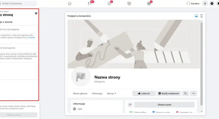 Tworzenie fanpage na Facebooku: uzupełnij nazwę, kategorię i opis, aby Twoja strona była widoczna.
