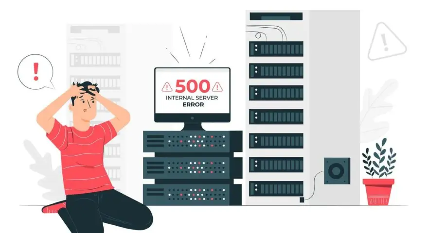 Zdesperowany mężczyzna klęczy przed serwerami, na monitorze błąd 500 Internal Server Error.