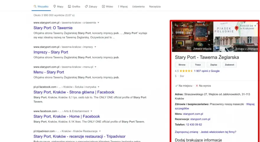 Wyniki wyszukiwania Google dla "pub stary port". Po prawej stronie wizytówka lokalu z adresem, zdjęciami i opiniami. Uważaj na oszustów podszywających się pod lokale.