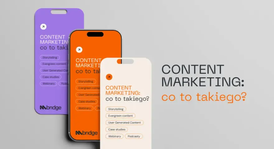 Trzy telefony prezentują różne formy content marketingu: storytelling, evergreen content, user generated content, case studies, webinary i podcasty.