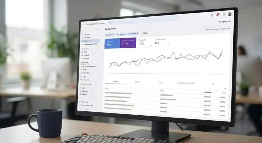 Monitor z panelem Google Search Console, gdzie analizowane są dane dotyczące wydajności strony. Widać wykresy i statystyki, kluczowe dla optymalizacji i linkowania wewnętrznego.