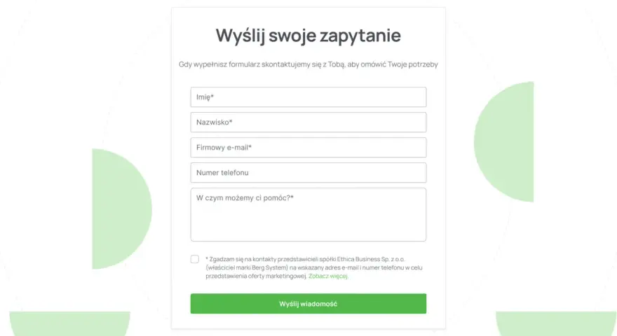 Formularz kontaktowy na stronie: imię, nazwisko, e-mail, telefon i pole na wiadomość. Kliknij "Wyślij wiadomość".