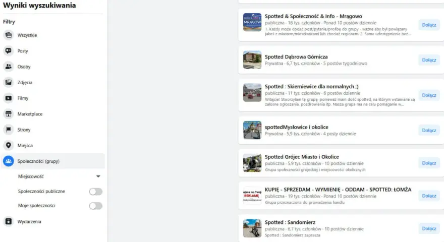 Szukasz jak dodać ogłoszenie na Facebooku w grupie? Wyniki wyszukiwania pokazują grupy typu "Spotted", gdzie można publikować posty.