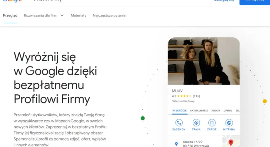 Strona Google Profil Firmy zachęca do wyróżnienia się w sieci. Widoczny przykład profilu sklepu odzieżowego MUUV.