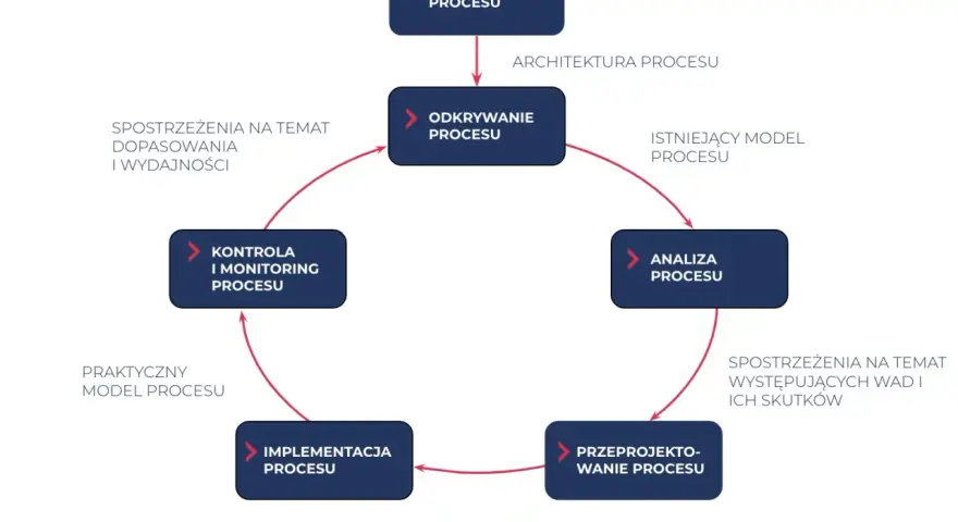 Schemat cyklu życia procesów w firmie: identyfikacja, odkrywanie, analiza, przeprojektowanie, implementacja i kontrola.