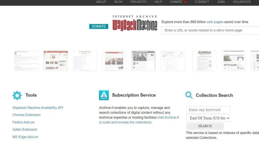Archiwum stron internetowych Wayback Machine pozwala odkrywać miliardy zapisanych stron. Narzędzia i wyszukiwanie kolekcji ułatwiają dostęp.