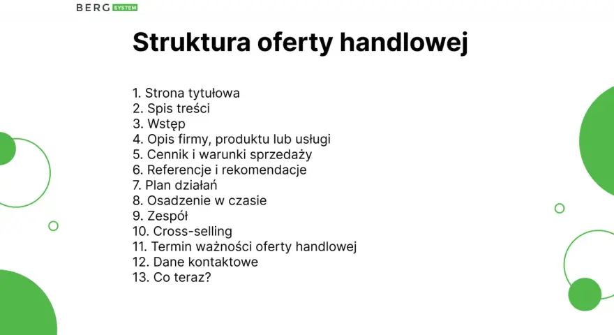 Struktura oferty handlowej: jak napisać ofertę wzór. Lista punktów od strony tytułowej po dane kontaktowe.