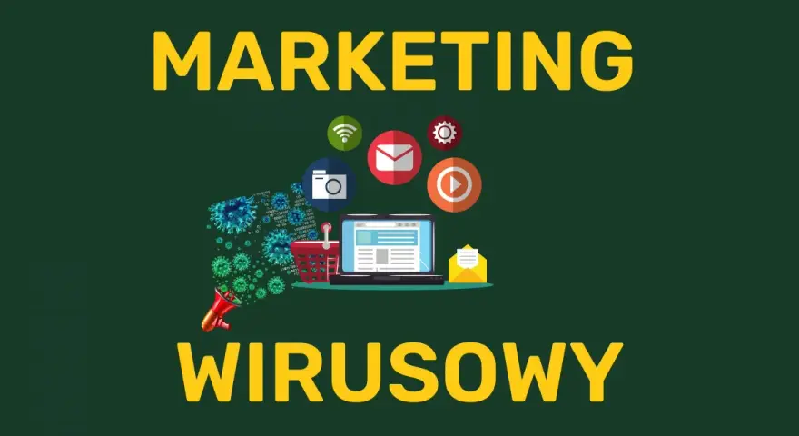 Grafika ilustruje marketing wirusowy: wirusy rozprzestrzeniają się z megafonu na laptopa, koszyk i ikony mediów społecznościowych.