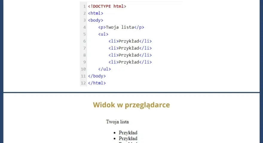 Kod HTML tworzy listę. Widok w przeglądarce pokazuje, co to jest html i jak wygląda lista.