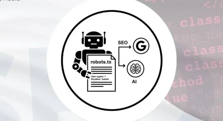 Grafika przedstawia robota trzymającego plik robots.txt, który wpływa na SEO i AI.