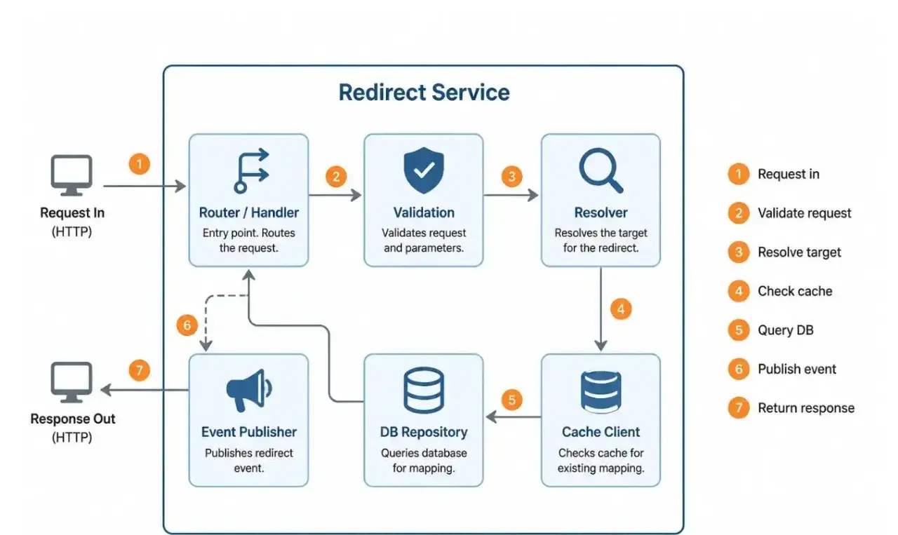 Schemat usługi przekierowania: żądanie HTTP przechodzi przez router, walidację, resolver, sprawdza cache, bazę danych, publikuje zdarzenie i zwraca odpowiedź.