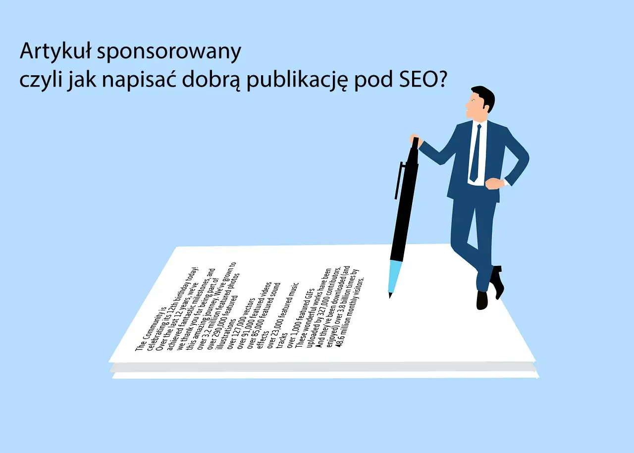 Biznesmen z długopisem nad artykułem sponsorowanym. Przykłady publikacji SEO.