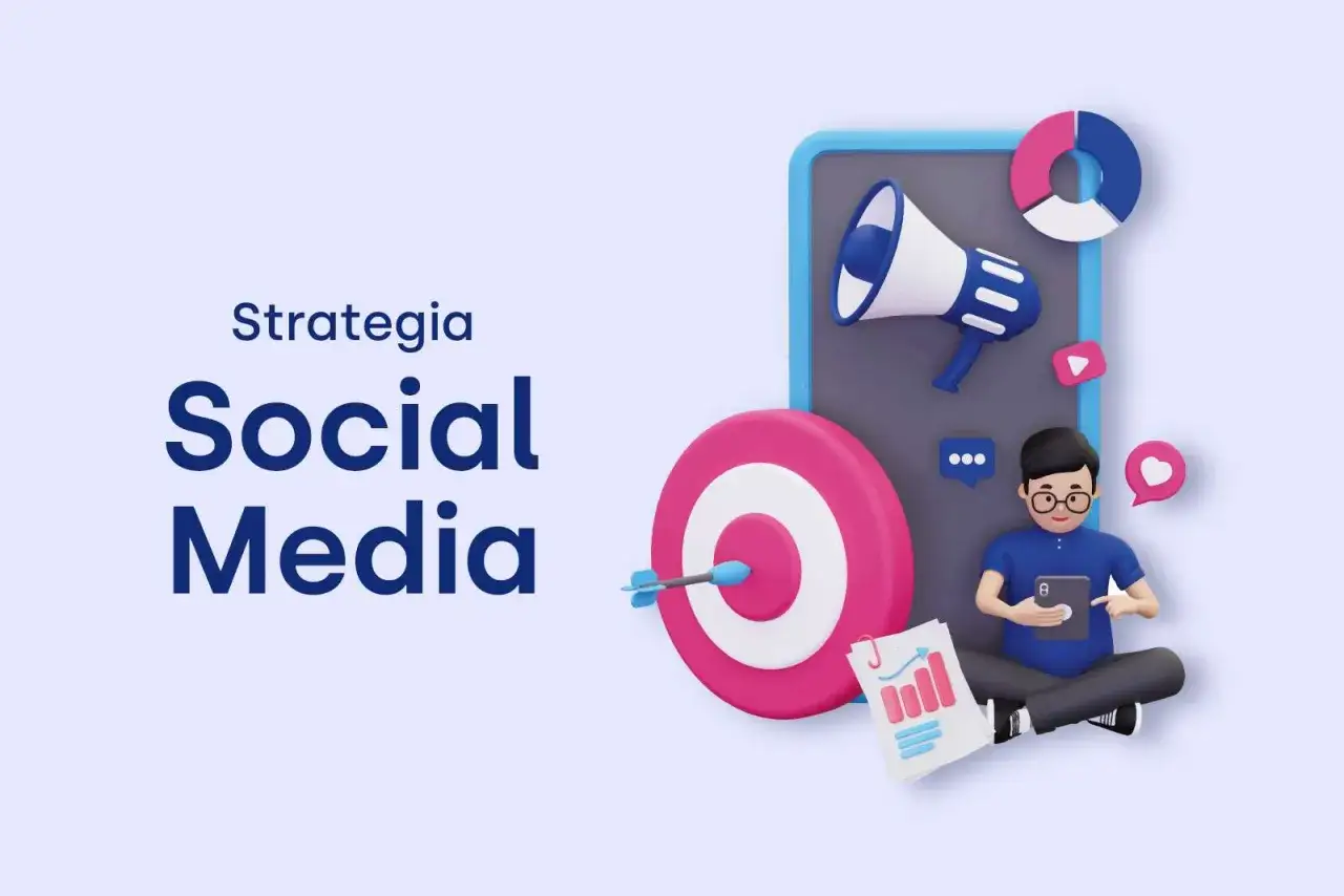 Grafika ilustruje skuteczną strategię social media: cel, głośnik, wykresy i zaangażowanie użytkowników.