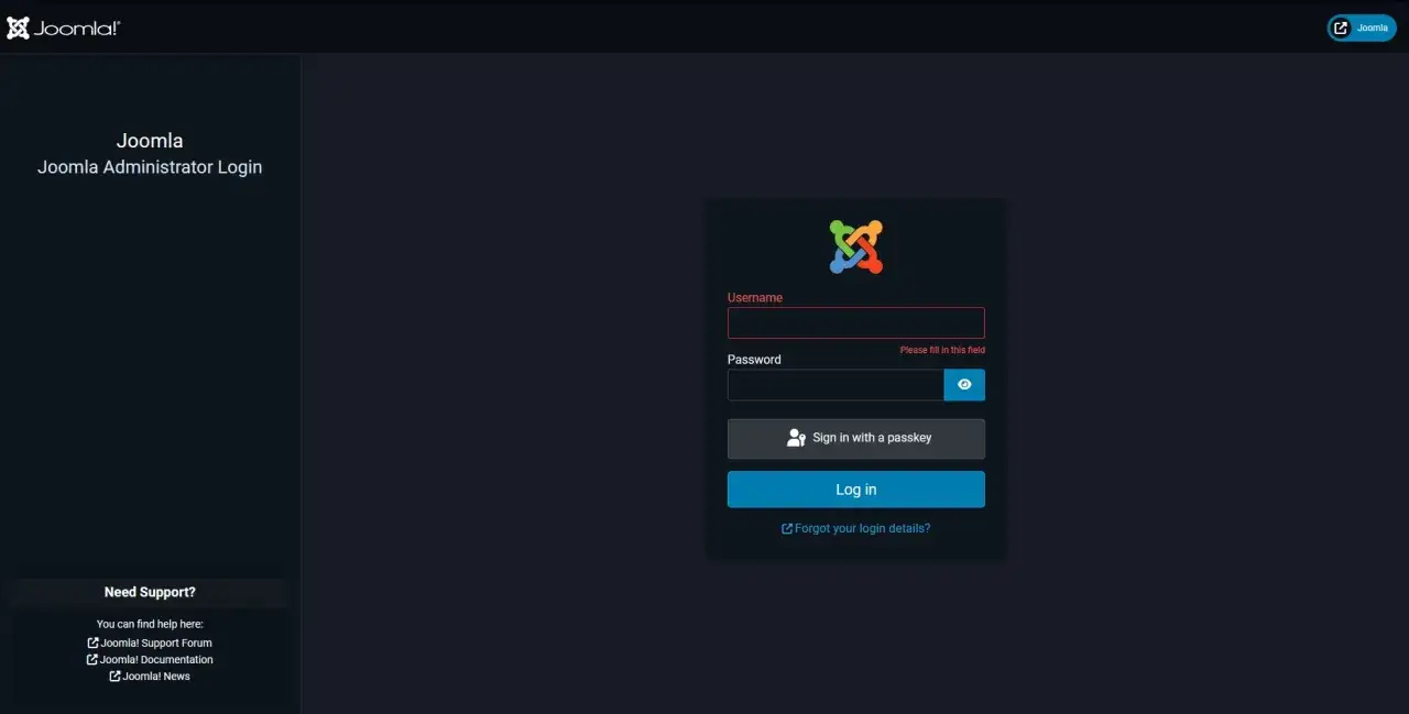 Ekran logowania administratora Joomla. Dowiedz się, joomla co to jest i jak się zalogować, aby zarządzać stroną.