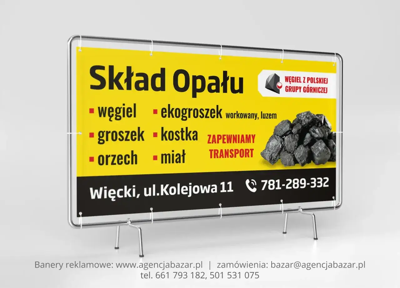 Co to baner: Skład opału oferuje węgiel, ekogroszek, groszek, kostkę, orzech i miał. Zapewniamy transport. Adres: Więcki, ul. Kolejowa 11. Telefon: 781-289-332.