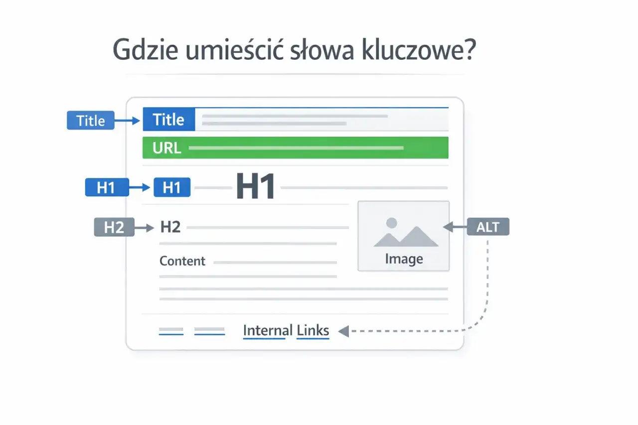 Schemat pokazuje, gdzie umieścić słowa kluczowe: w tytule, URL, nagłówkach H1, H2, treści, atrybutach ALT obrazów i linkach wewnętrznych.