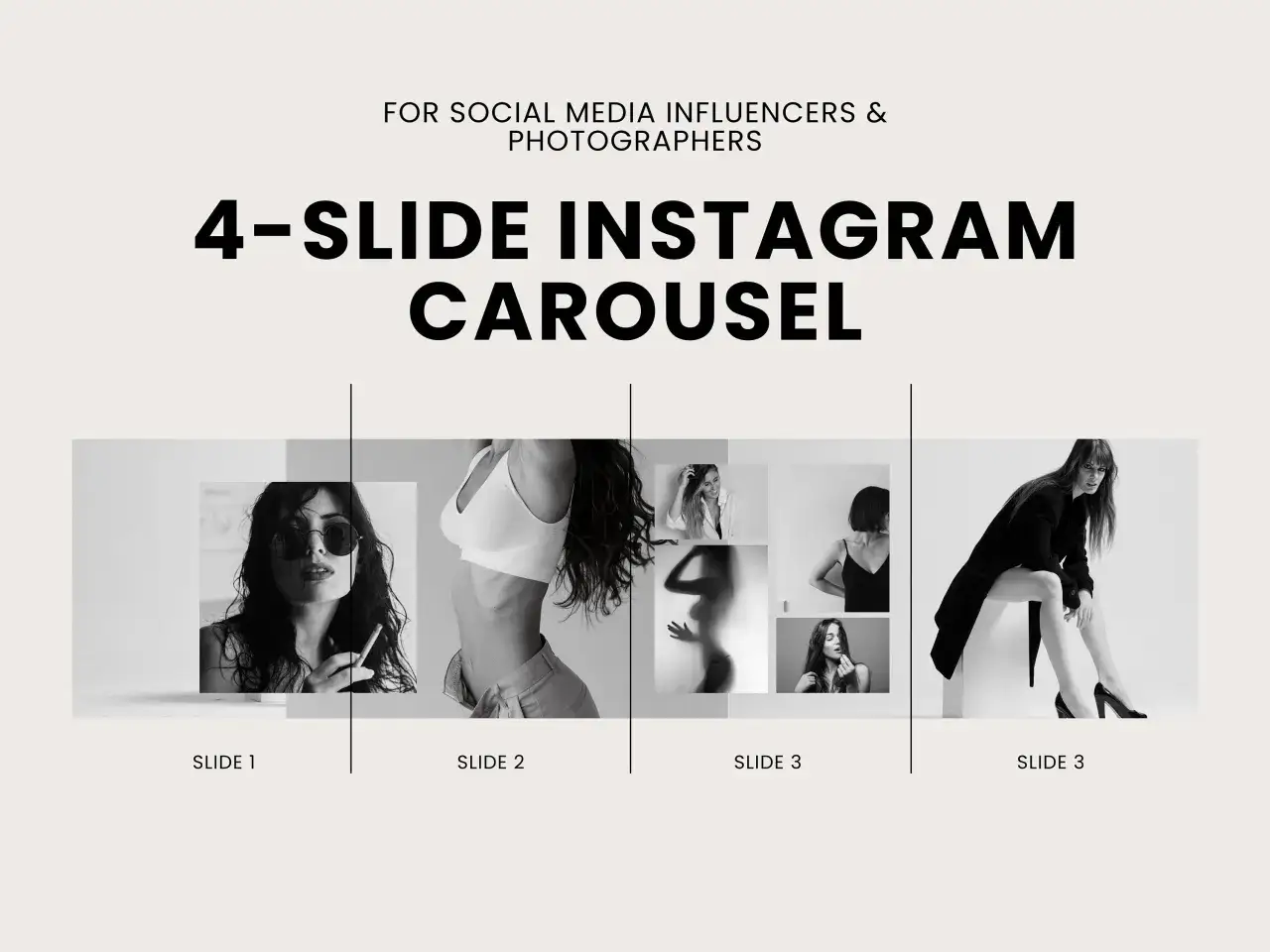 Kreatywny post karuzelowy z czterema czarno-białymi zdjęciami modelek, idealny dla influencerów i fotografów.