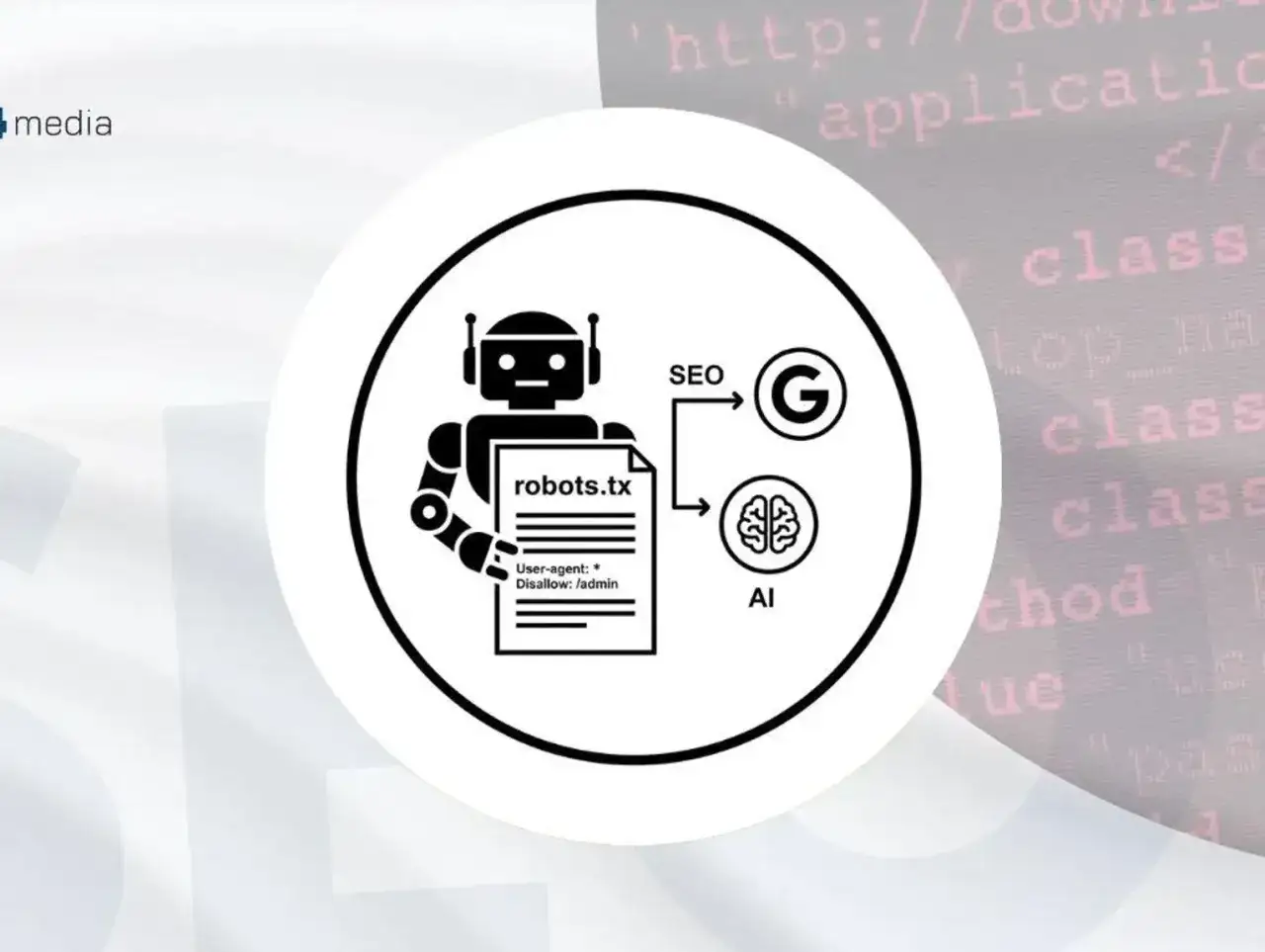 Grafika przedstawia robota trzymającego plik robots.txt, który kieruje ruch do SEO (Google) i AI.