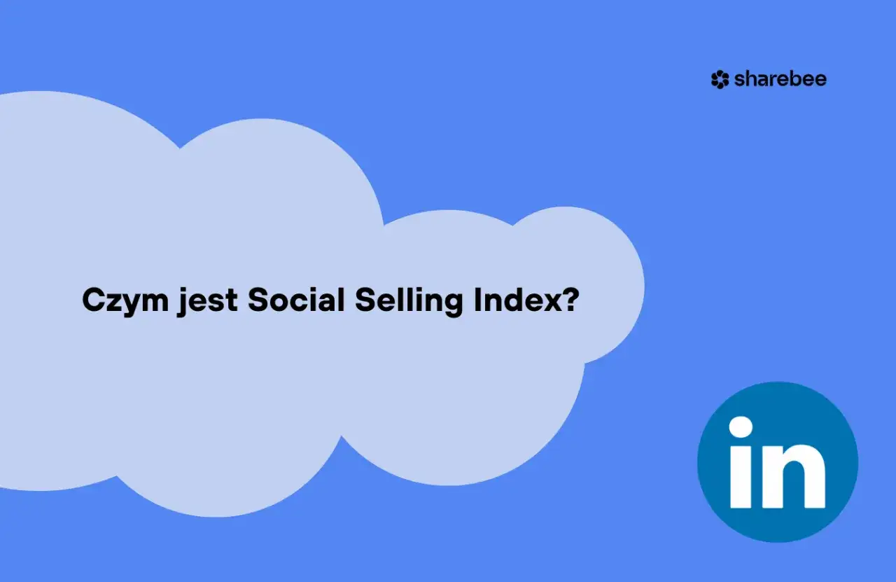 Chmura pytań o Social Selling Index na niebieskim tle. Logo LinkedIn i Sharebee.