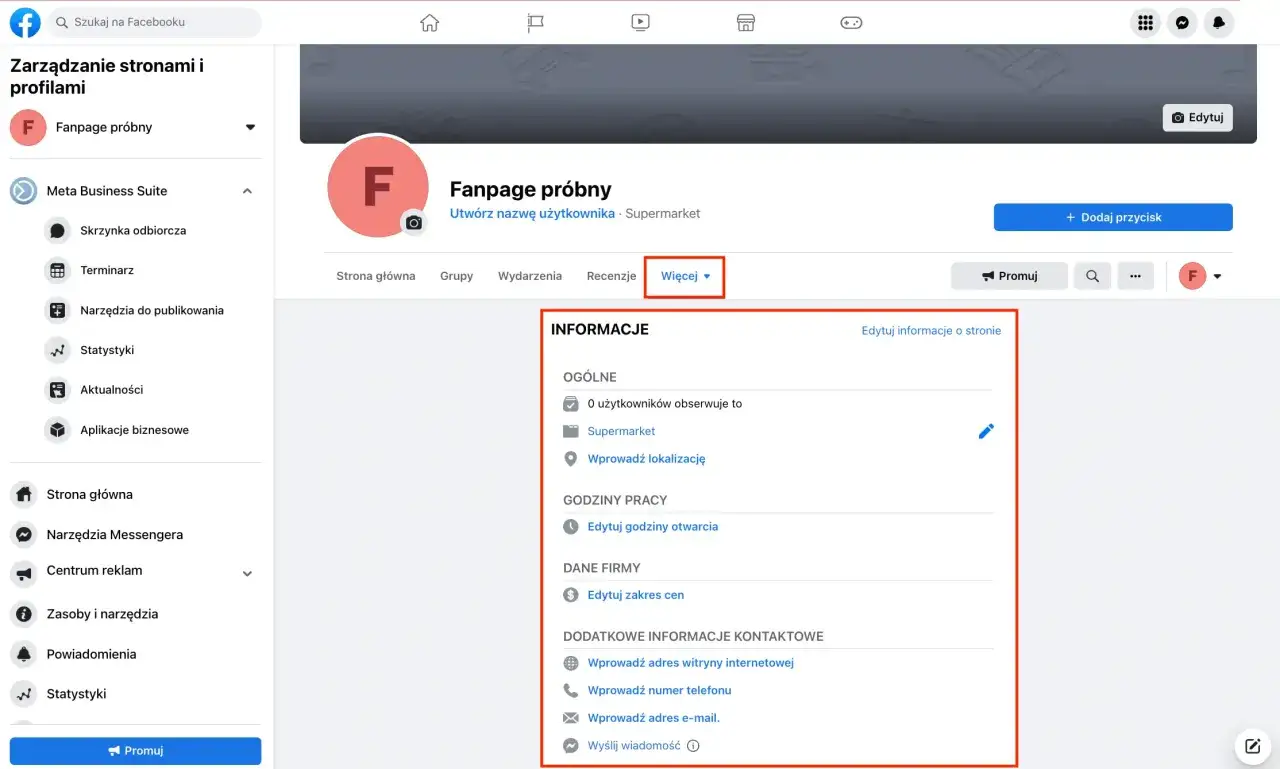 Panel zarządzania stroną na Facebooku, gdzie można edytować informacje o fanpage'u, aby dowiedzieć się, jak założyć stronę na FB.