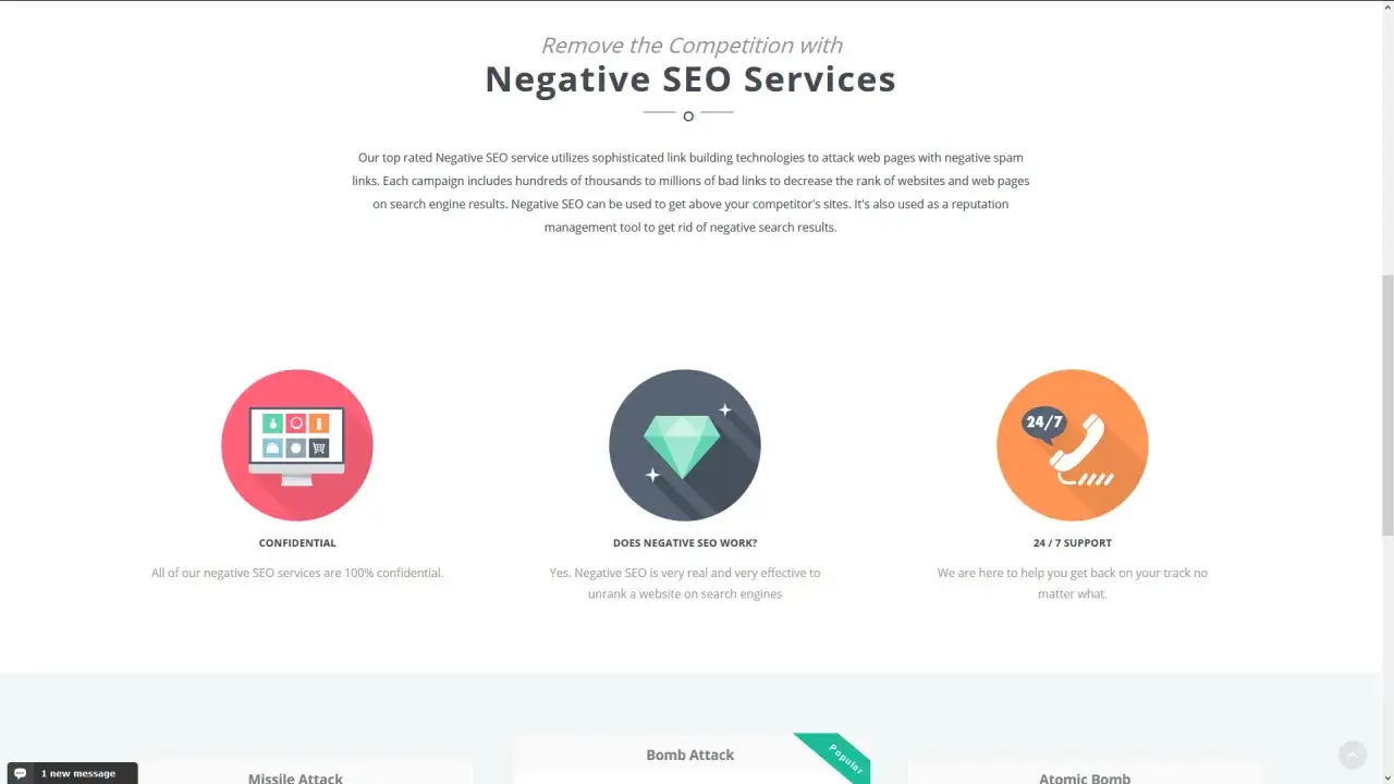Usługi Negative SEO: ikony komputera, diamentu i telefonu. Skuteczne Negative SEO do usuwania konkurencji.