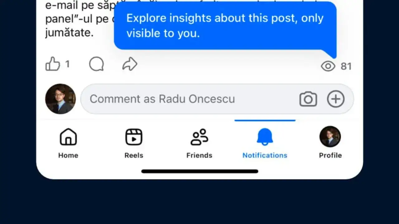 Jak sprawdzić ilość wyświetleń posta na FB? Widok postu z liczbą 81 wyświetleń i opcją