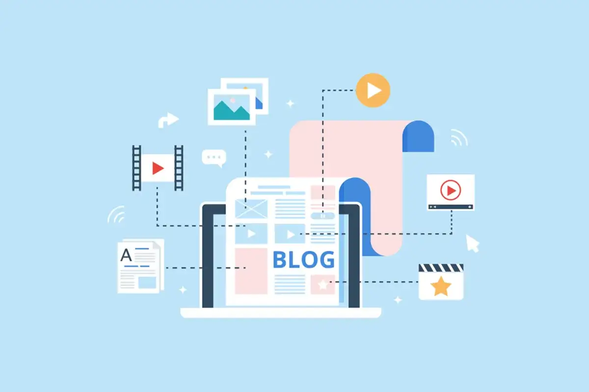 Grafika pokazuje, co to jest blog: laptop z treściami, zdjęcia, filmy i ikony mediów społecznościowych.