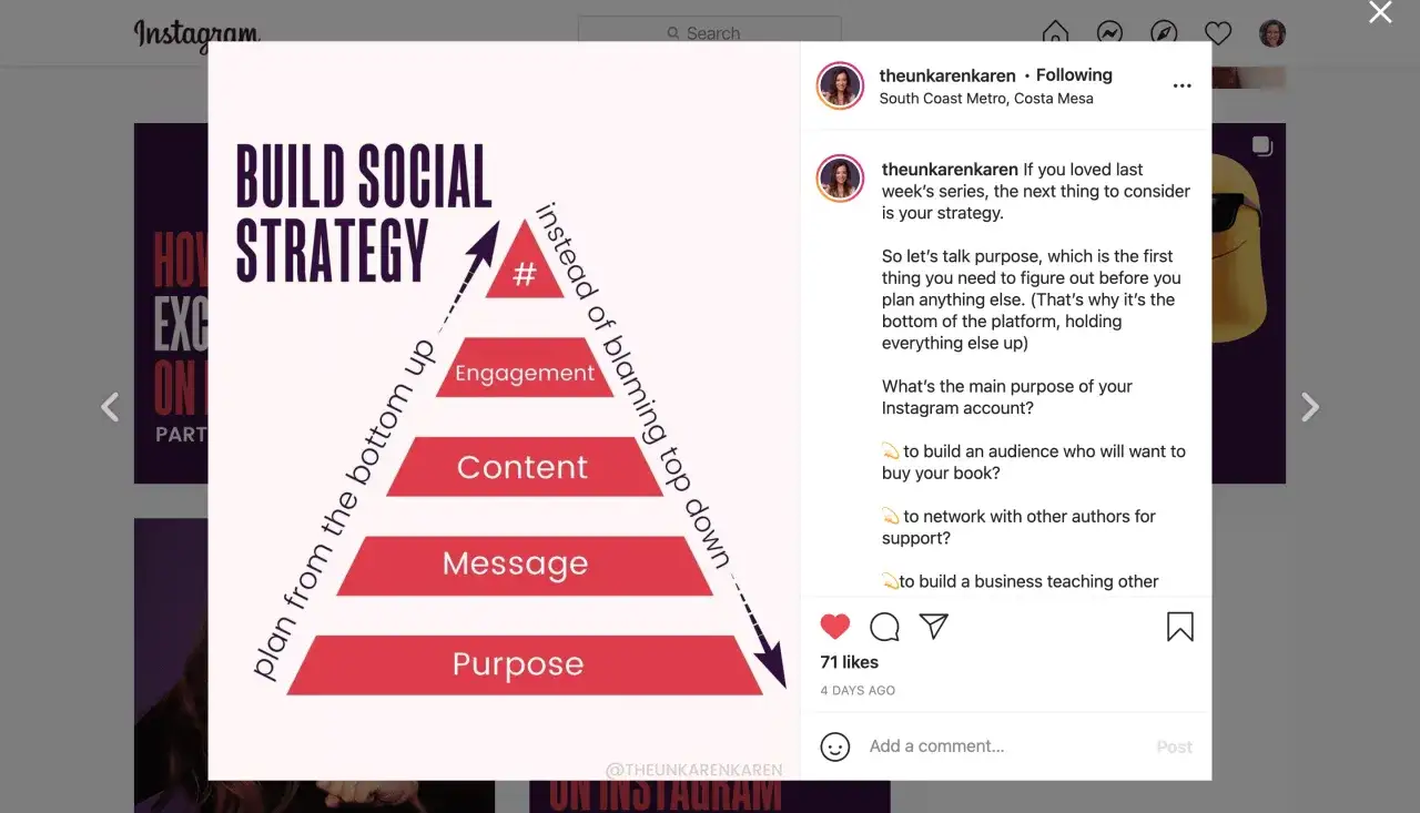 Piramide strategii na Insta: cel, przekaz, treść, zaangażowanie. Planuj od dołu do góry, zamiast obwiniać. #hasztaginaInsta