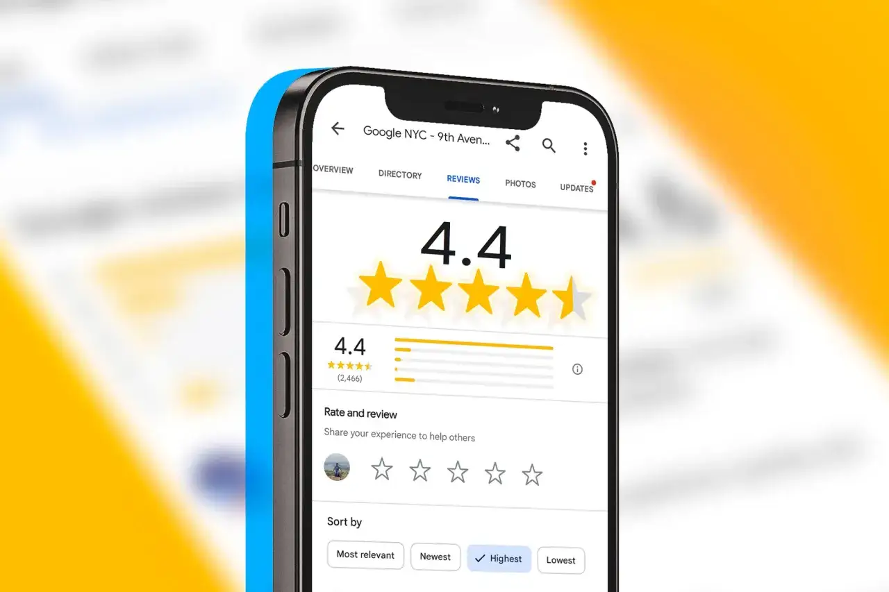 Jak dodać opinię w Google? Na ekranie telefonu widać stronę z ocenami i gwiazdkami, gdzie można ocenić i napisać recenzję.