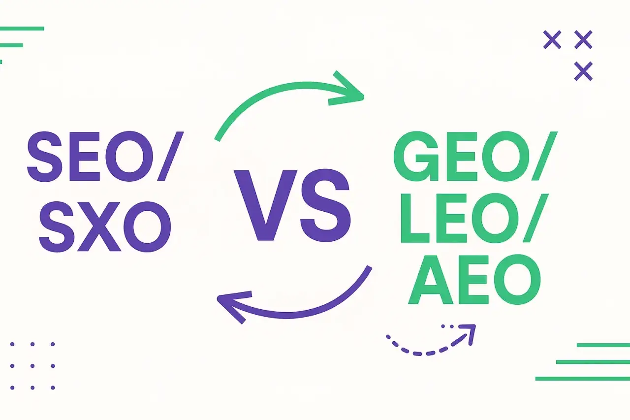 SEO/SXO vs GEO/LEO/AEO. Porównanie strategii marketingowych, gdzie seo sem odgrywa kluczową rolę.