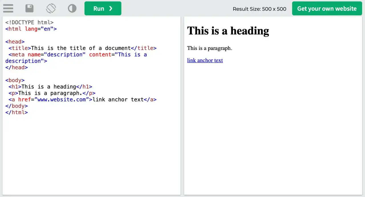 Kod HTML strony z nagłówkiem, akapitem i linkiem. Meta opis strony zawiera kluczowe słowa.