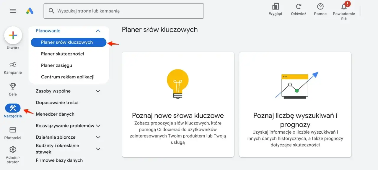 Narzędzie do planowania słów kluczowych w Google Ads. Dowiedz się, jak dobrać słowa kluczowe, by dotrzeć do klientów.