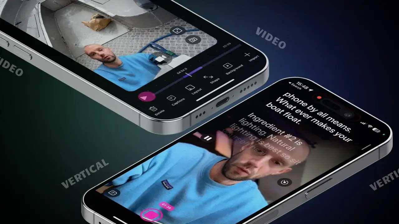 Tworzenie rolki na Instagramie na łodzi. Widać edytor wideo na dwóch telefonach, jeden w pionie, drugi w poziomie.