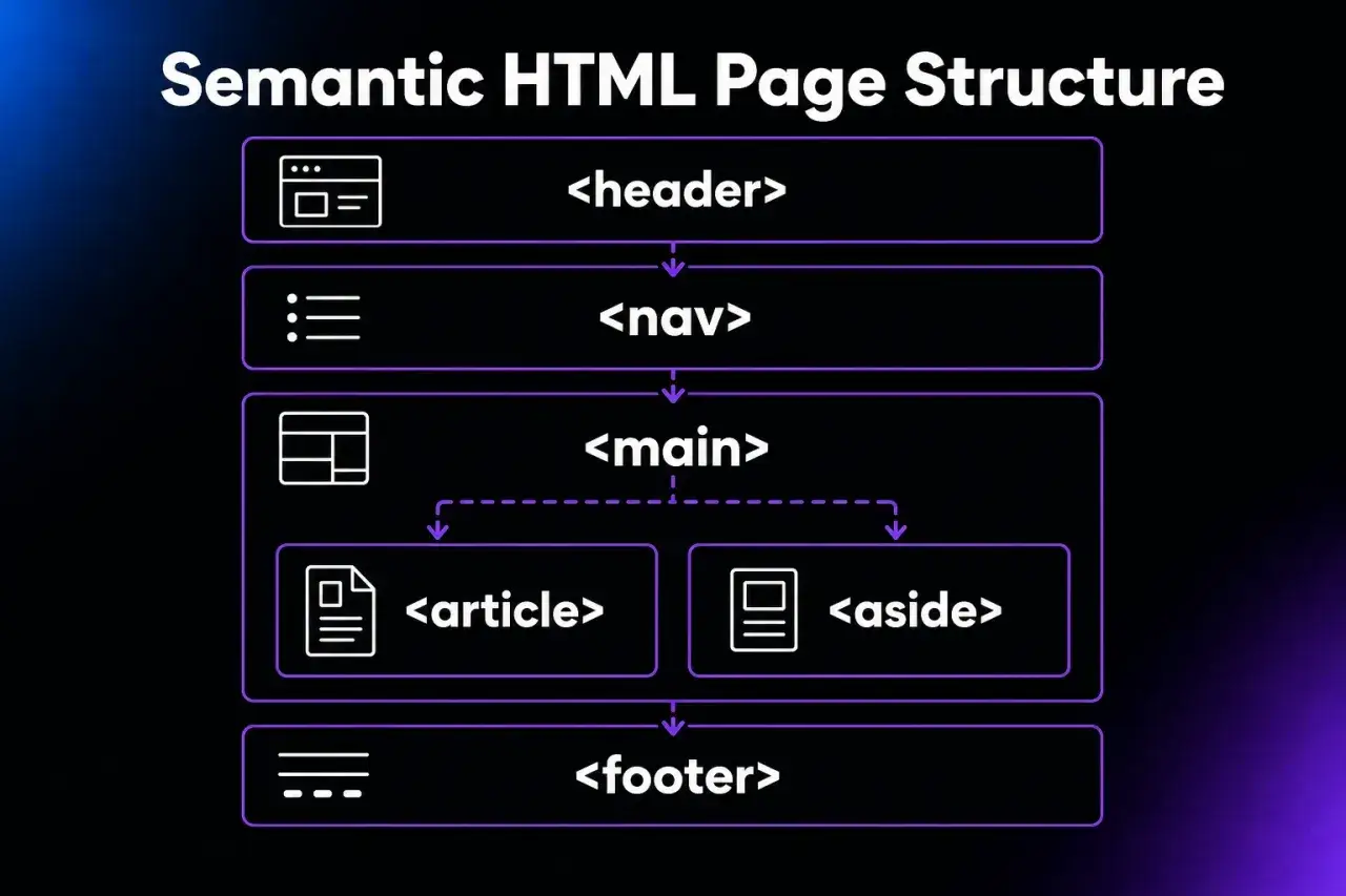 Schemat pokazuje, html co to jest: struktura strony z sekcjami <header>, <nav>, <main> (zawierające <article> i <aside>) oraz <footer>.