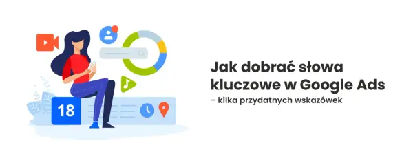 Ilustracja pokazuje kobietę analizującą dane, z ikonami wyszukiwania i wykresami. Tekst: "Jak dobrać słowa kluczowe w Google Ads".