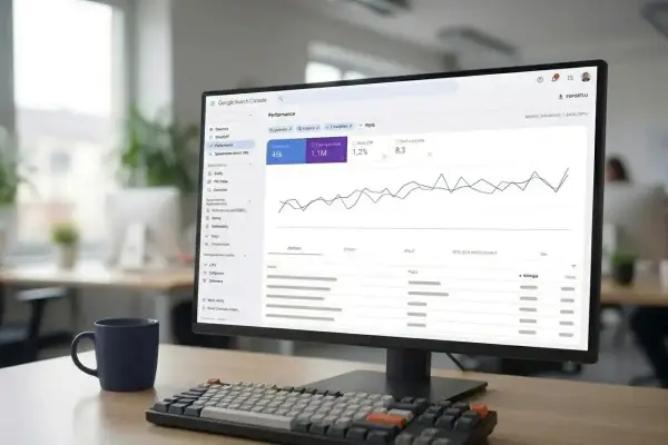 Monitor z panelem Google Search Console, gdzie analizowane są dane dotyczące wydajności strony. Widać wykresy i statystyki, kluczowe dla optymalizacji i linkowania wewnętrznego.